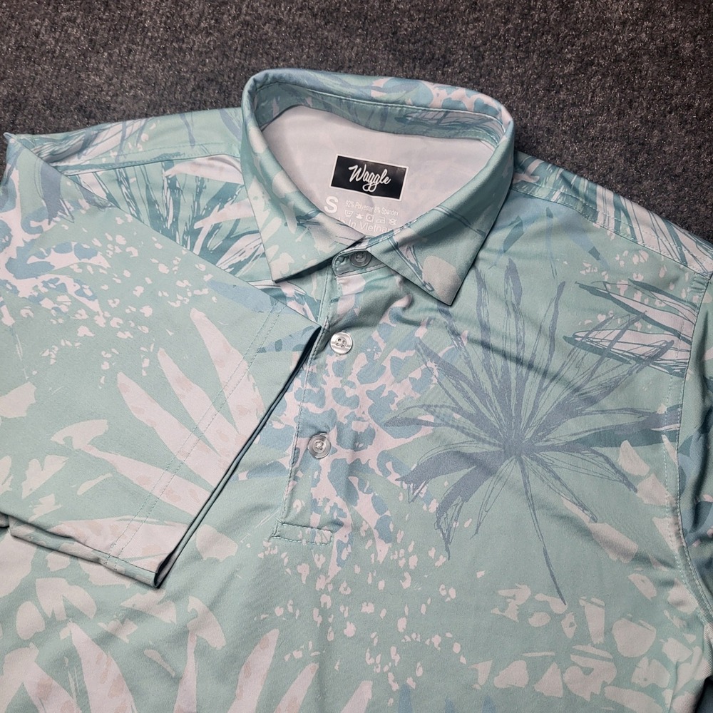 Waggle Mens Small Light Blue Tropical Palm Leaf Performance Golf Polo Shirt